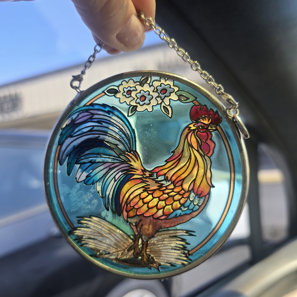 Colorful Rooster Stained Glass Suncatcher - Blue Background